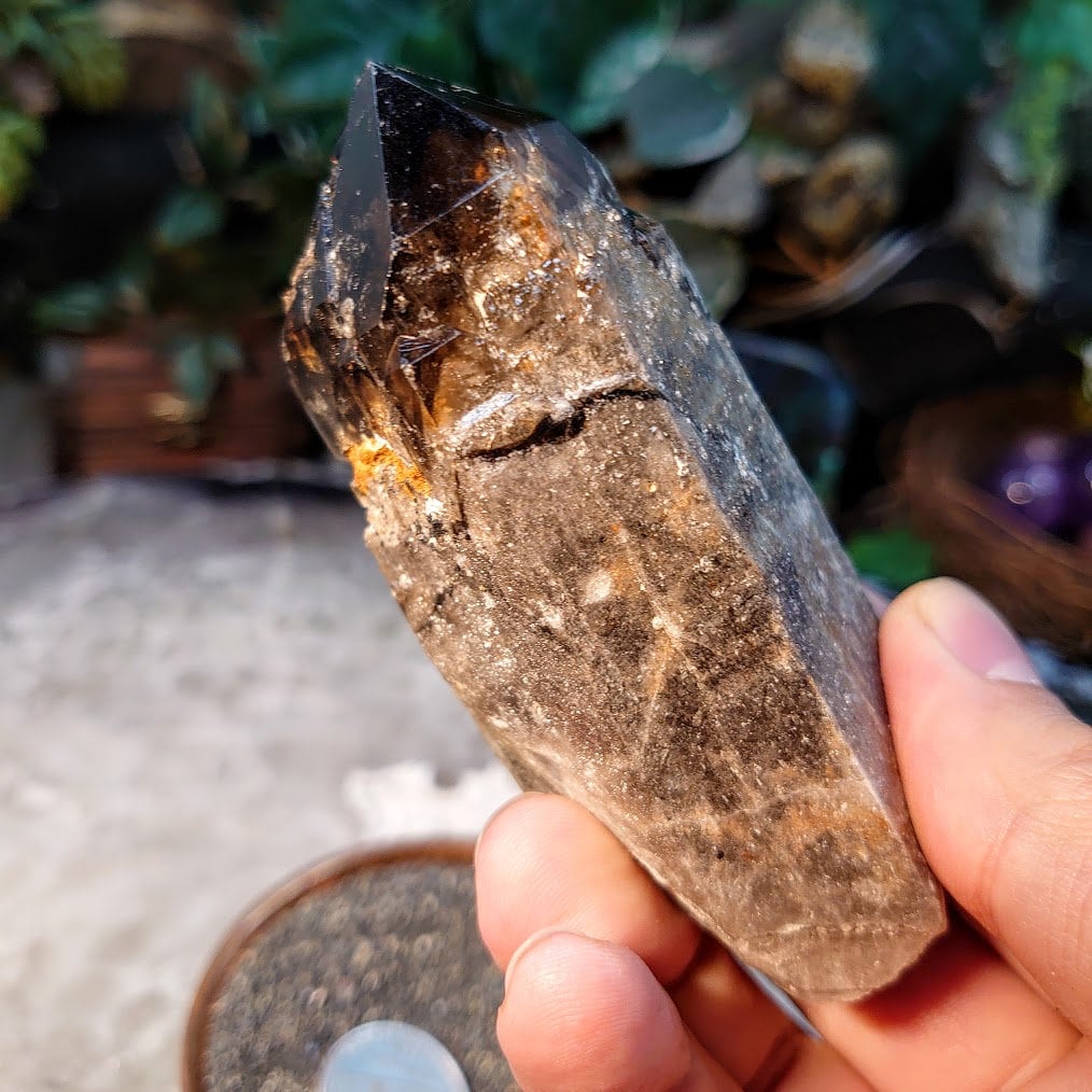 3 3/4" Calcite Coated Smoky Quartz Point with Phantom from Malawi for Home and Altar Decor / 184g / Collection