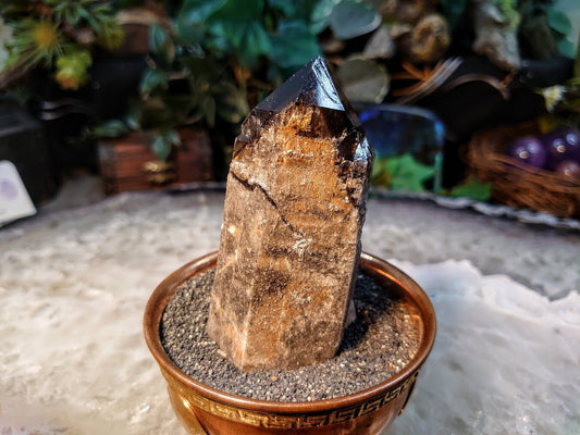 3 3/4" Calcite Coated Smoky Quartz Point with Phantom from Malawi for Home and Altar Decor / 184g / Collection