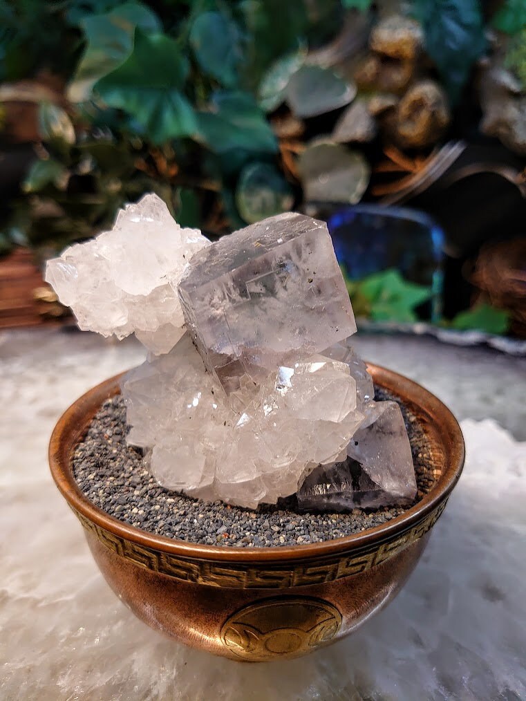 Glassy Grey Fluorite Crystals on Clear Quartz Cluster from Rabat-Salé-Kénitra, Morocco / 98.09g / Collection / Small Cabinet Class