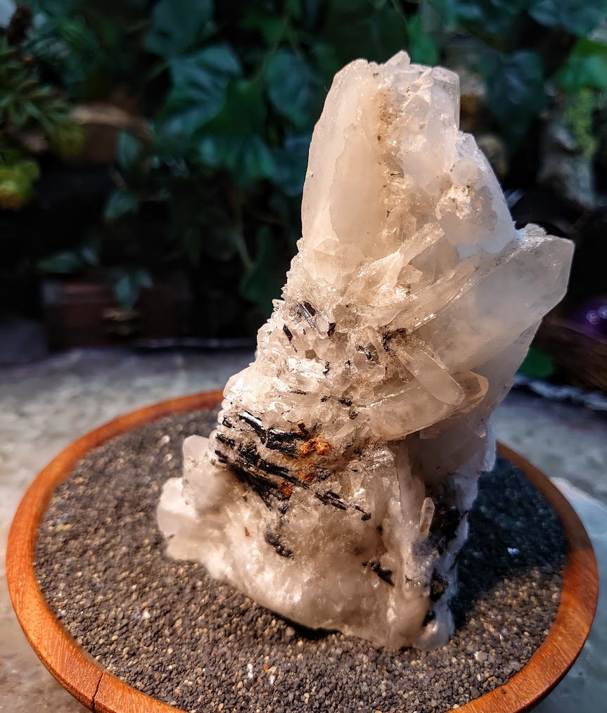 White Quartz Cluster with Light Green Fluorite Inclusions, Black Tourmaline and Pyrite from Peru / 634g / Collection / Cabinet Size Class