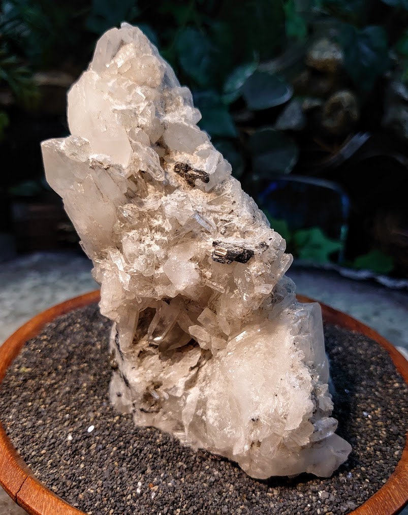 White Quartz Cluster with Light Green Fluorite Inclusions, Black Tourmaline and Pyrite from Peru / 634g / Collection / Cabinet Size Class