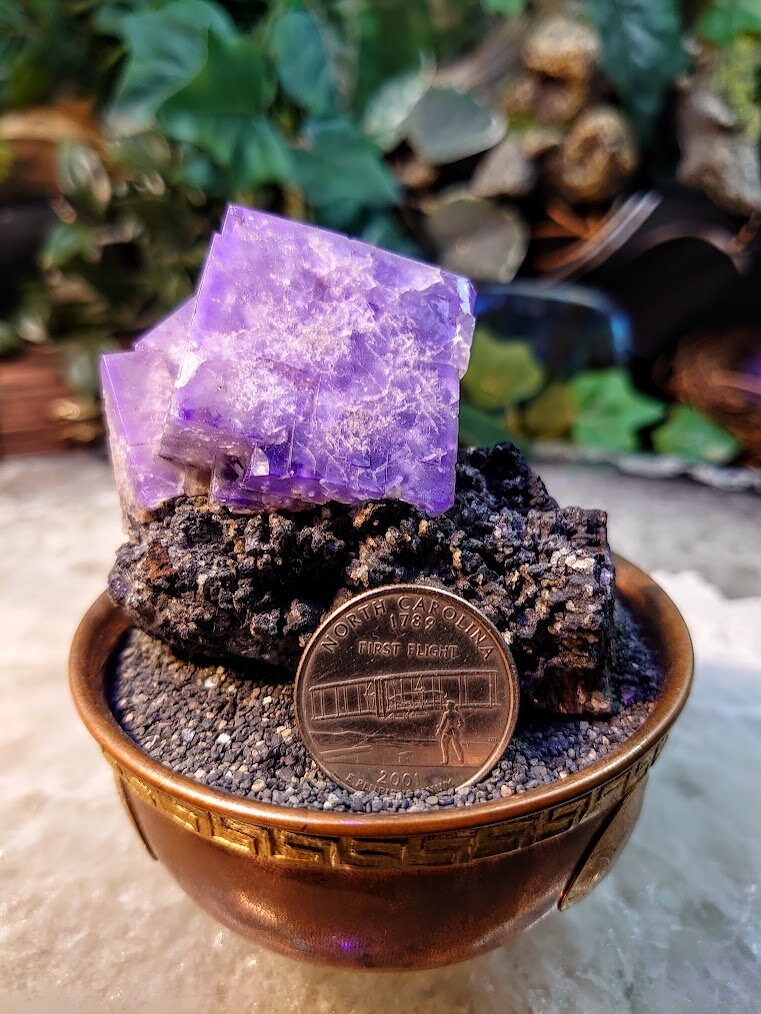 Smoky Purple Fluorite Cluster on Galena "Purple Rain Pocket" on Matrix From United Kingdom for Altar Decor / 350g / Small Cabinet Size