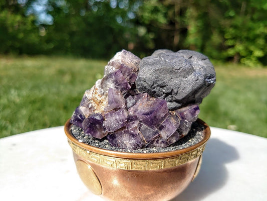 Smoky Purple Fluorite Cluster with Galena "Purple Rain Pocket" on Matrix From United Kingdom for Altar Decor / 510g / Small Cabinet Size