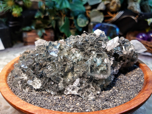 Gorgeous Light Green Fluorite Cluster with Calcite Crystals from Hunan Province, China  / 398g / Collection / Cabinet Size Class