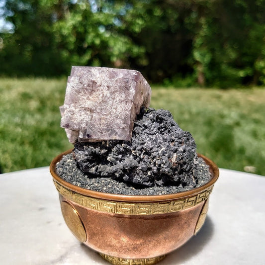 Smoky Purple Fluorite Cluster on Galena "Purple Rain Pocket" on Matrix From United Kingdom for Altar Decor / 350g / Small Cabinet Size