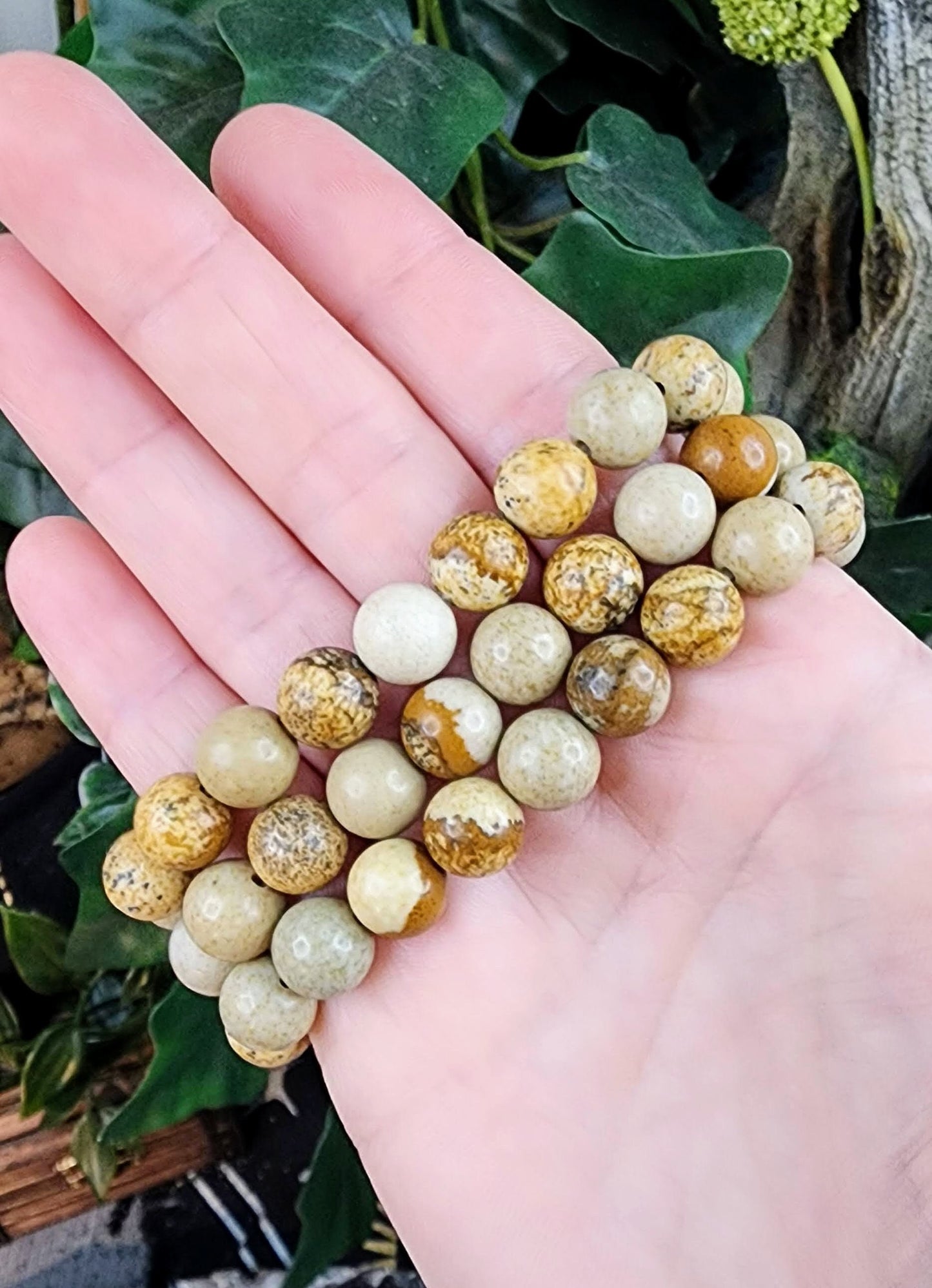 Picture Jasper Gemstone Stretch Bracelet with 8mm Round Beads/ Handmade/ High Quality/ Root and Third Eye Chakra