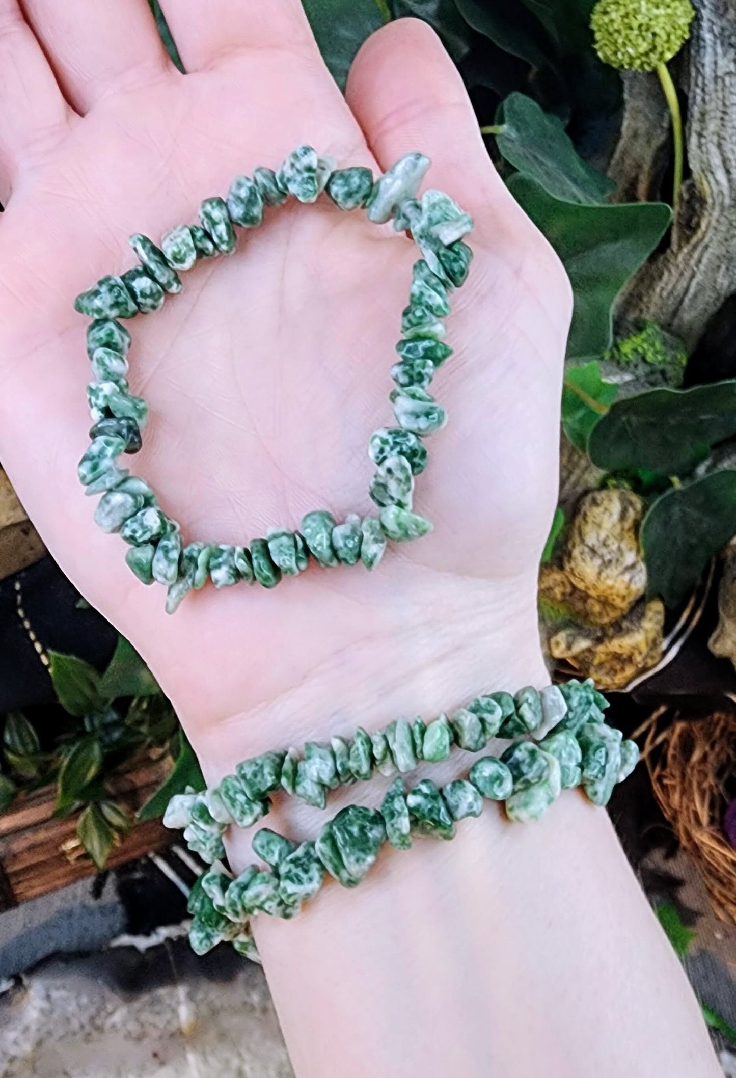 Tree Agate Gemstone Stretch Bracelet with Chip Stone Beads/ Handmade/ High Quality/ Heart Chakra