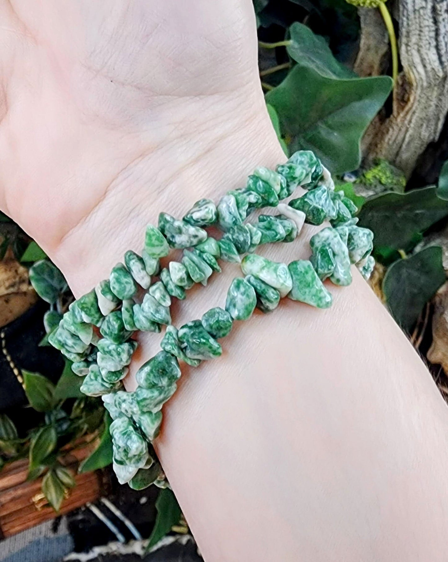 Tree Agate Gemstone Stretch Bracelet with Chip Stone Beads/ Handmade/ High Quality/ Heart Chakra