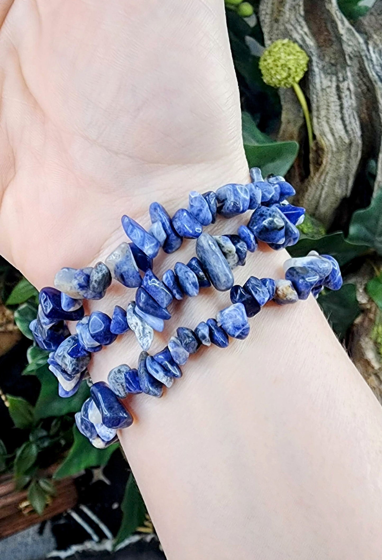 Sodalite Gemstone Stretch Bracelet with Chip Stone Beads/ Handmade/ High Quality/ Throat and Third Eye Chakra