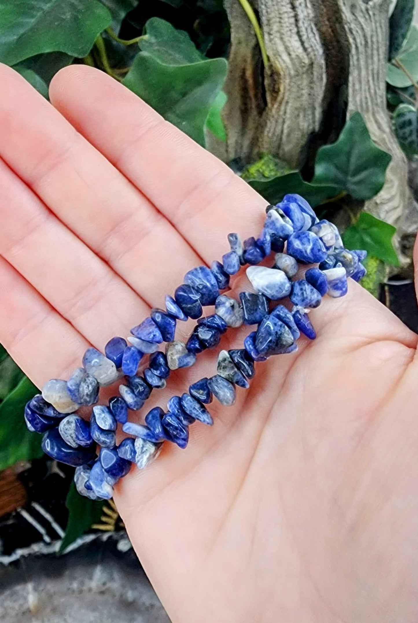 Sodalite Gemstone Stretch Bracelet with Chip Stone Beads/ Handmade/ High Quality/ Throat and Third Eye Chakra