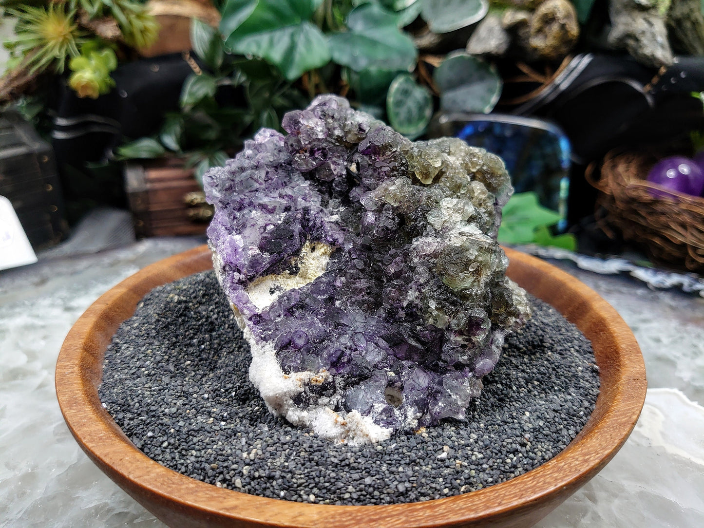 Green and Purple Fluorite Cluster with Hyalite From Namibia for Altar Decor / 504g / Cabinet Size Class / Collection