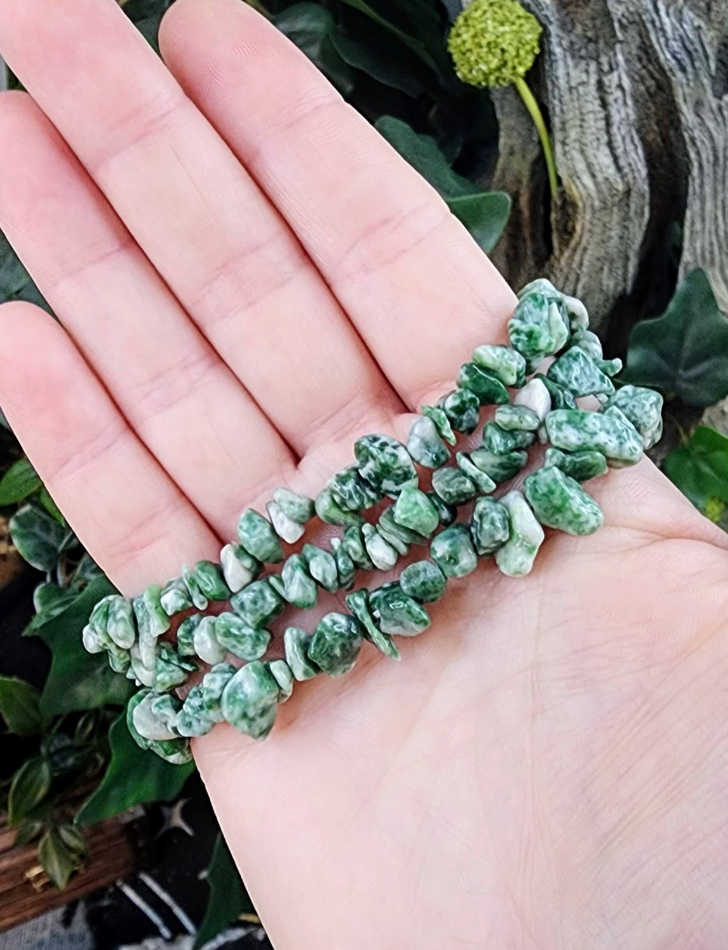 Tree Agate Gemstone Stretch Bracelet with Chip Stone Beads/ Handmade/ High Quality/ Heart Chakra