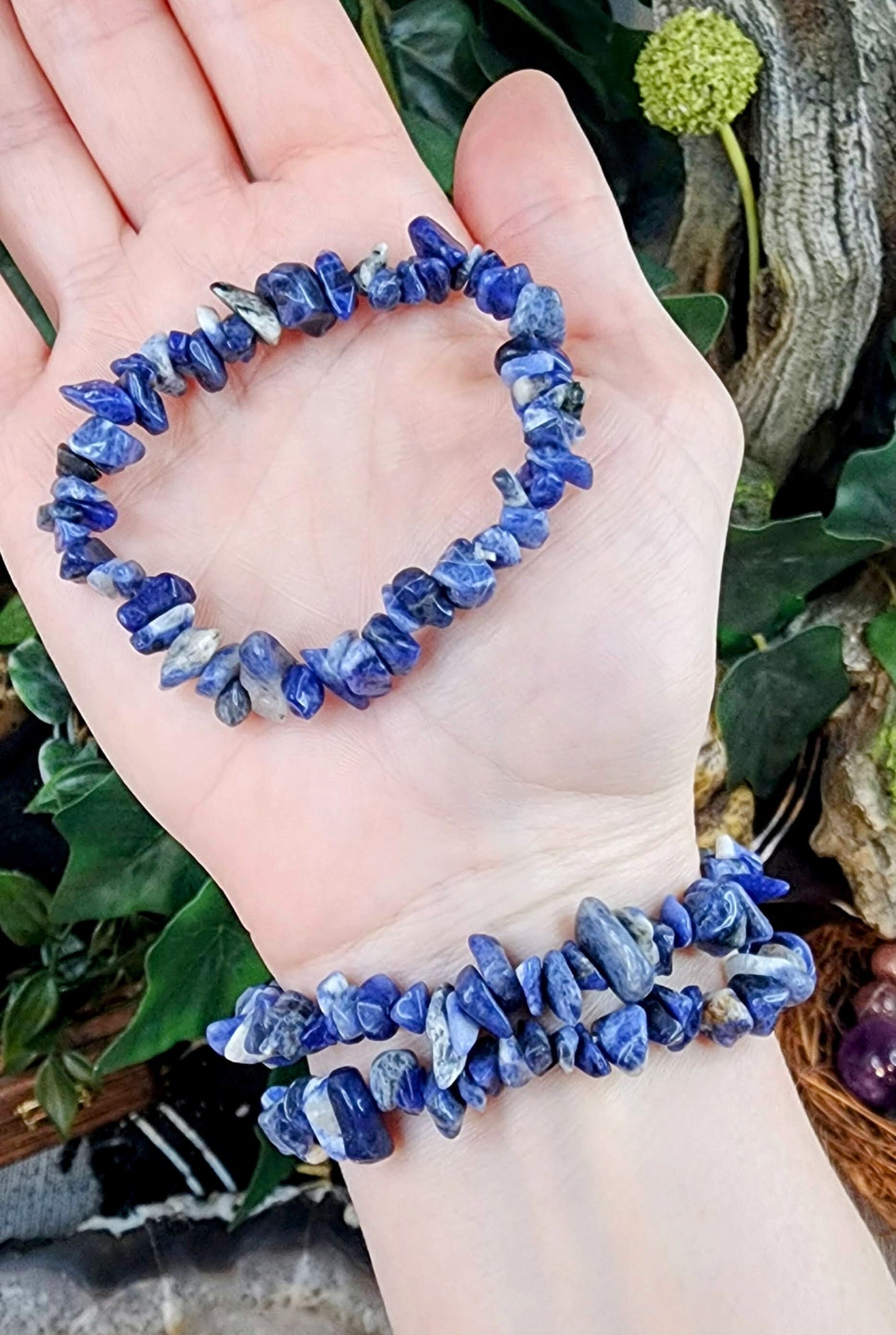 Sodalite Gemstone Stretch Bracelet with Chip Stone Beads/ Handmade/ High Quality/ Throat and Third Eye Chakra