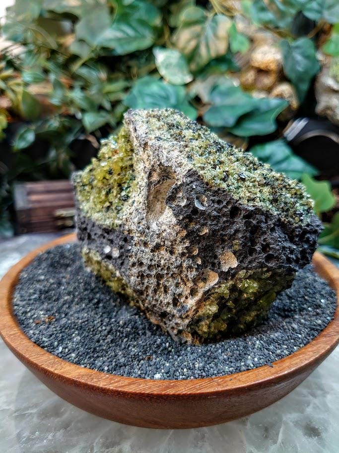 Peridot Druzy with Black Tourmaline on Basalt from Arizona for Home and Altar Decor / 616g / Meditation / Reiki / Gifting / Collection